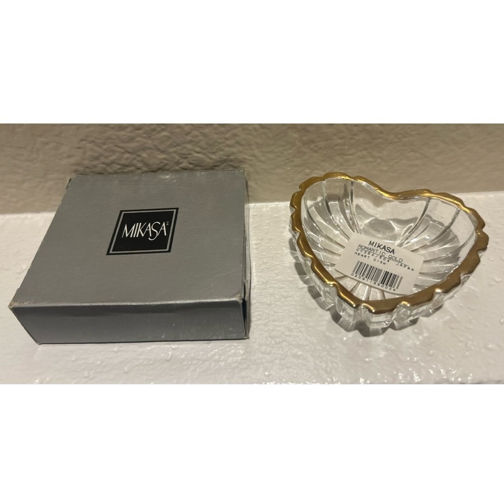 Vintage Mikasa Crystal Heart Dish with Gold Rim